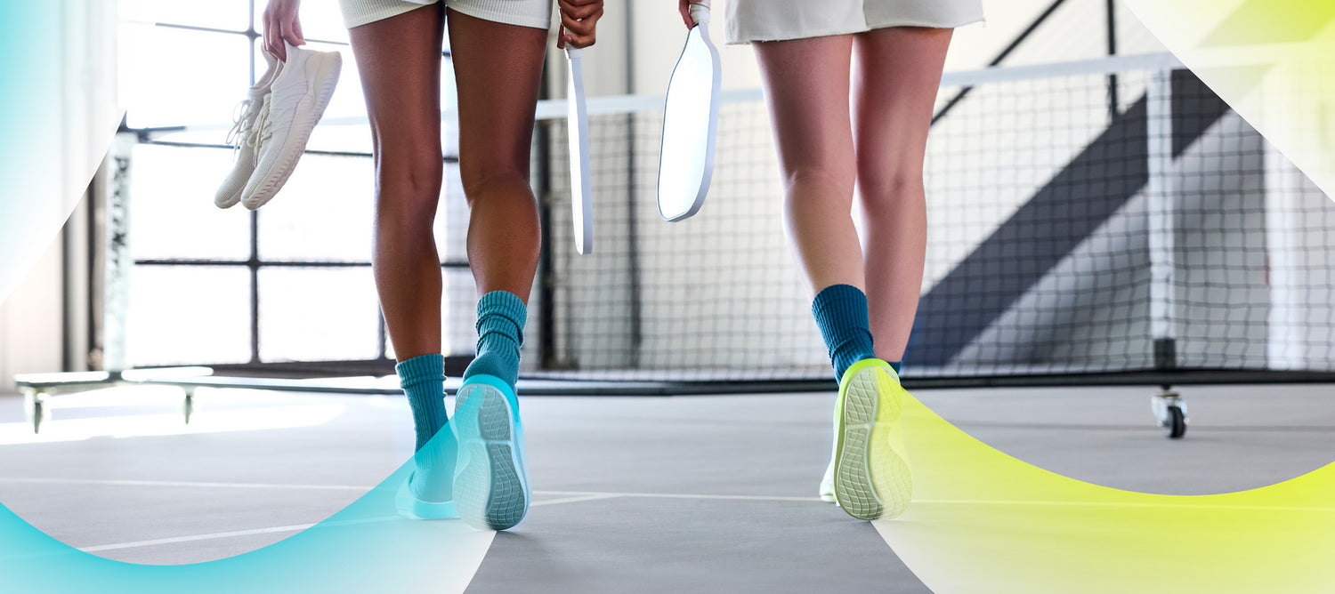 models wearing ooahh aqua fade and ooahh electro fade on pickle ball court