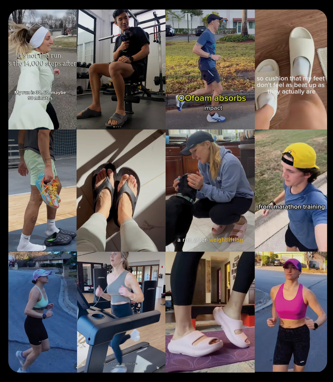 A collage of user-generated images of customers using OOFOS®