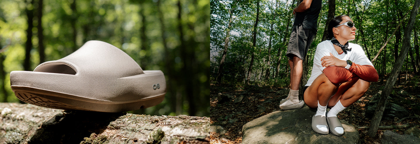 A split-screen lifestyle image showing a beige slide sandal on a log in a forest on the left, and a model wearing the same sandal in an outdoor wooded setting on the right.
