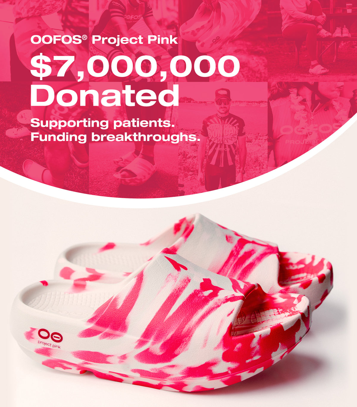 A pair of white slide-style clogs with bold hot pink abstract brushstroke patterns, shown on a clean white background below a large pink promotional banner with text reading 'OOFOS Project Pink $7,000,000 Donated' and 'Supporting patients. Funding breakthroughs.