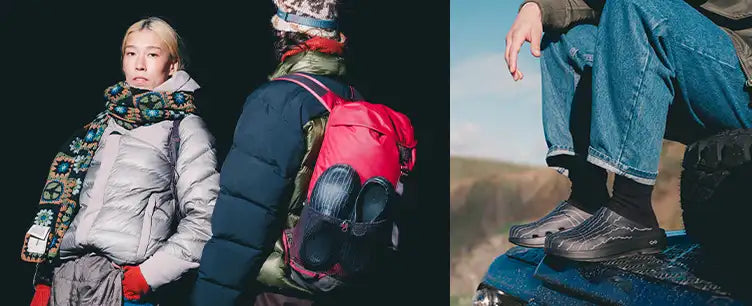 Three images showing winter clothing and accessories. a person in a coat, a close-up of a backpack, and feet in boots.