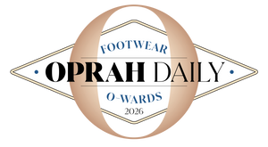 A logo-style graphic reading 'FOOTWEAR OPRAH DAILY O-WARDS 2026' with a large peach circular shape behind a white diamond outline on a black background.