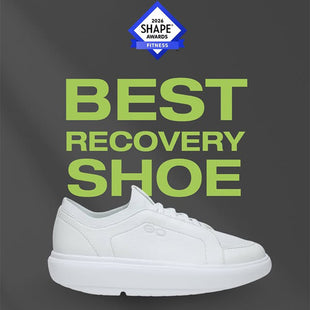 White shoe with 'Best Recovery Shoe' text and Shape Awards logo on a dark background