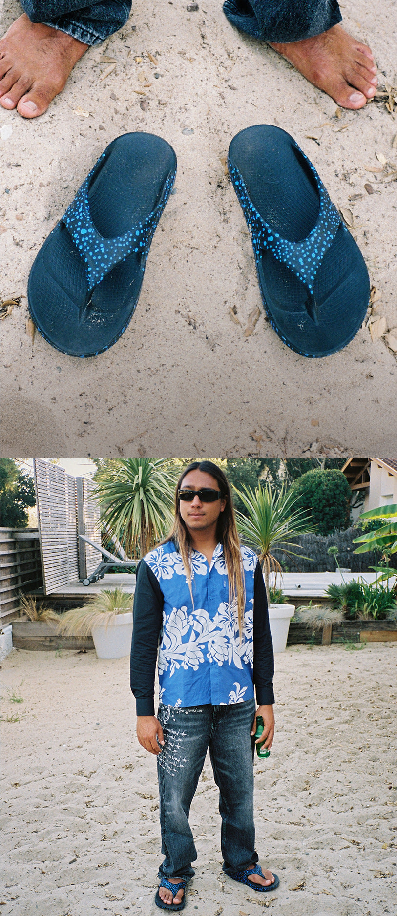 A split image showing a pair of dark blue flip-flops with patterned straps on sand at the top, and a person standing on sand at the bottom wearing the same flip-flops, sunglasses, a blue-and-white patterned shirt, and jeans.