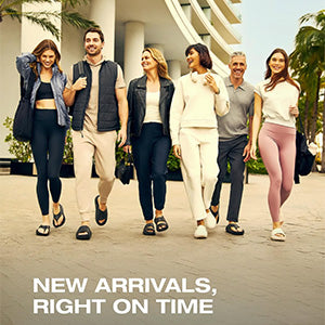 Group of people walking together with promotional text 'New Arrivals, Right on Time' below.