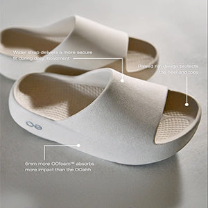 Chalk slide sandals with text highlighting features on a light gray background