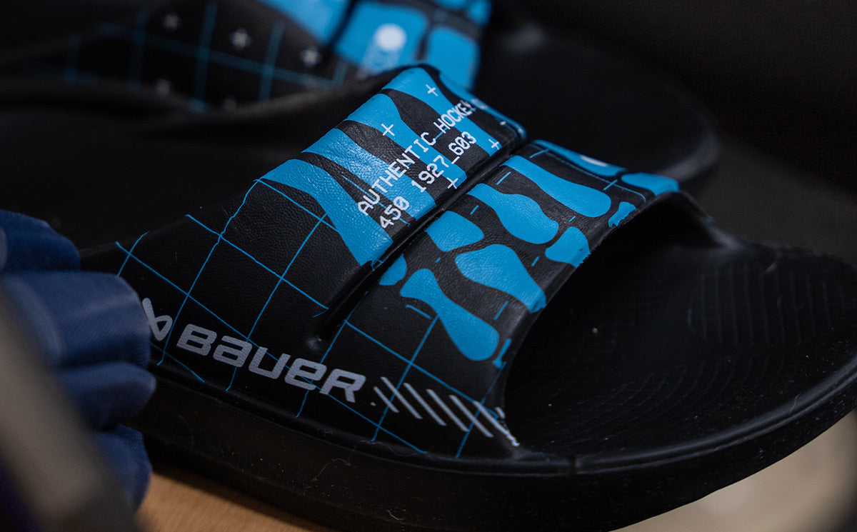 BAUER/OOFOS Women's OOahh Limited Slide Sandal Bauer Skeleton close up of skeleton pattern