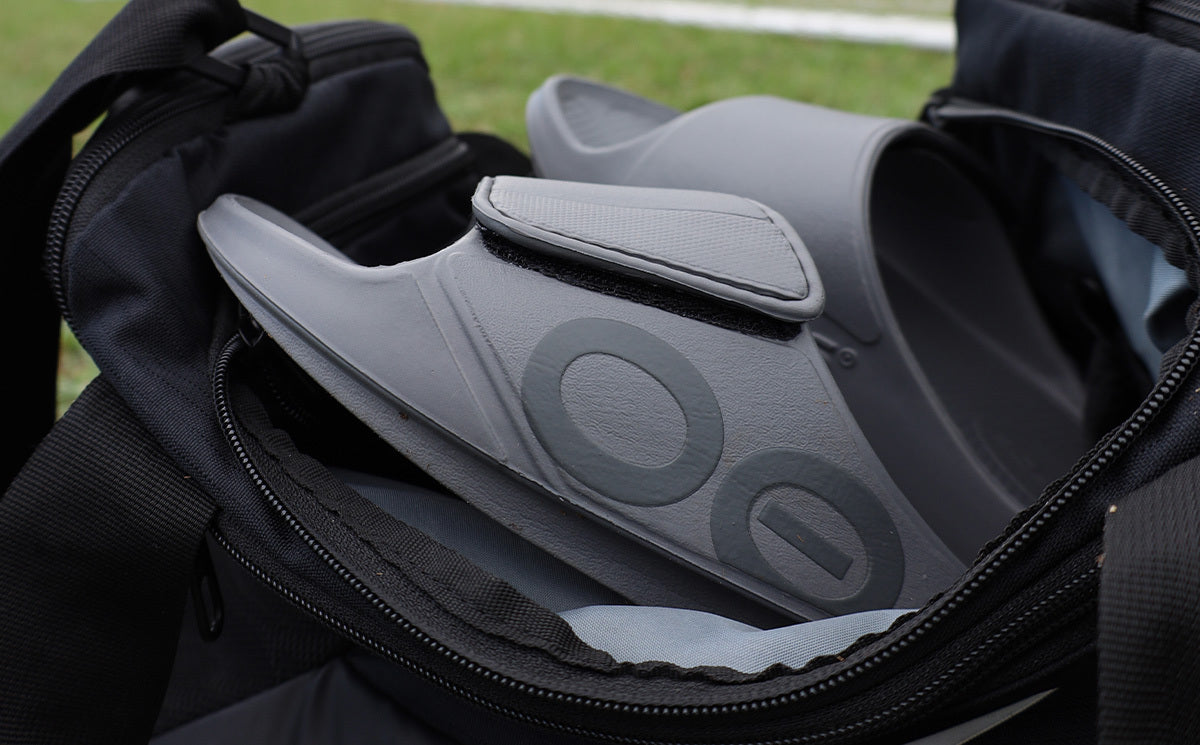 Women's OOahh Sport Flex Sandal - Slate close up image of shoes in gym bag | lifestyle